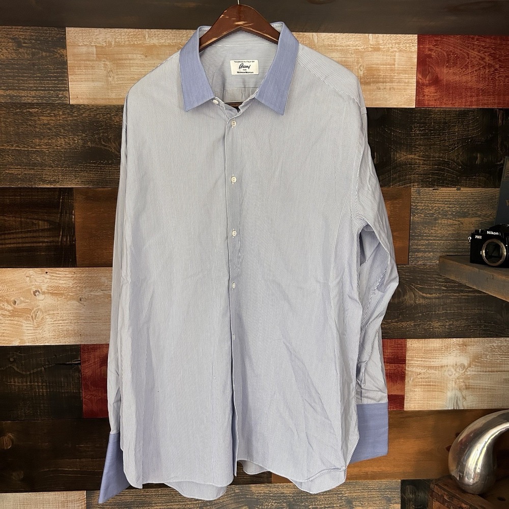 Brioni Neiman Marcus Dress Shirt 18 L Blue Striped Made In Italy Mens